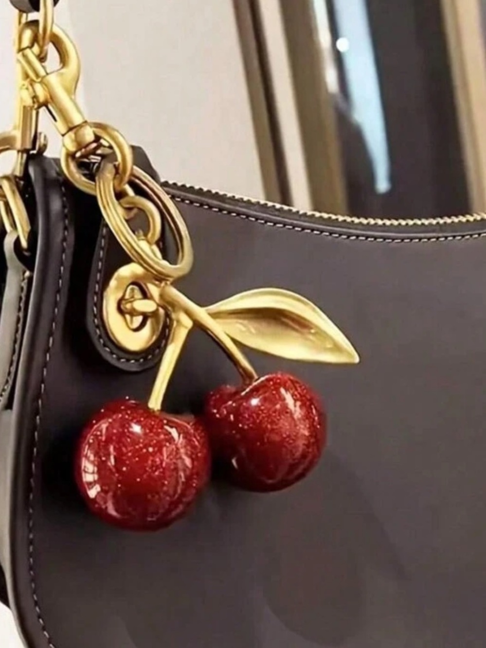 Cherry Resin Keychain Charm Gold Tone Bag Accessory Y2K Cute Purse Charm